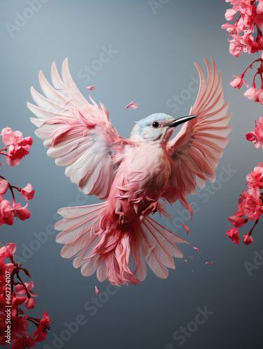 blue with pink bird flying and pink flowers