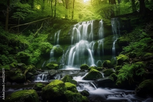 beautiful waterfall in the green forest. generative ai