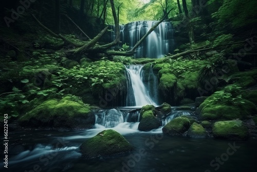 beautiful waterfall in the green forest. generative ai