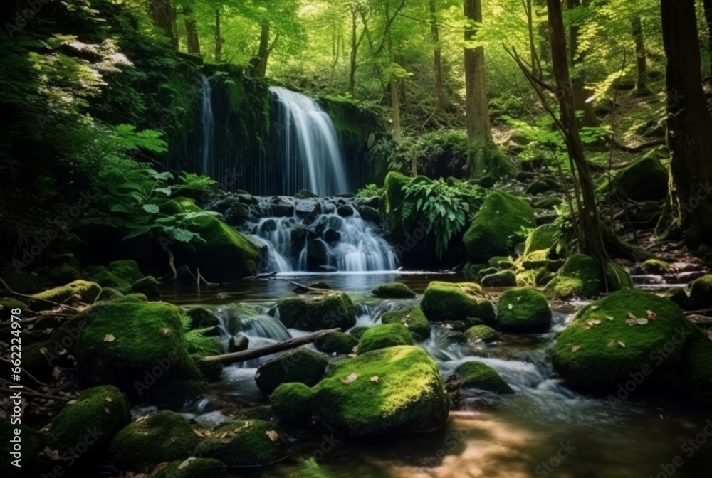 beautiful waterfall in the green forest. generative ai beautiful waterfall in the green forest. generative ai