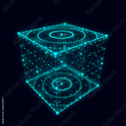 Abstract blue cube with connecting dots and lines. Big data visualization. Blockchain technology concept. Wireframe network connection structure with circle. 3d rendering. © Oleksii