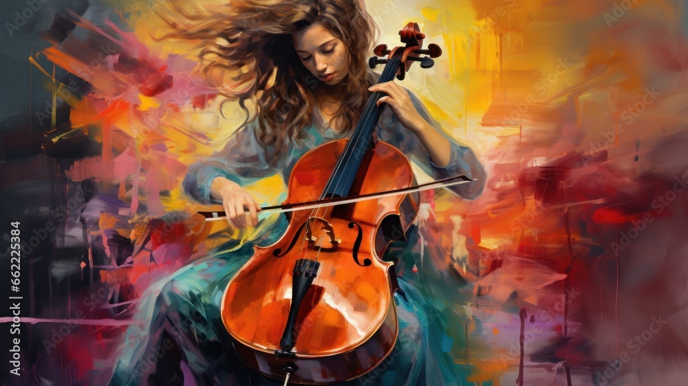 A female cello player, colorful painting, illustration