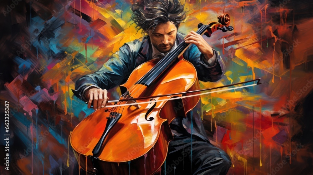 A male cello player, colorful painting, illustration