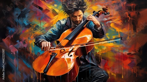 A male cello player, colorful painting, illustration