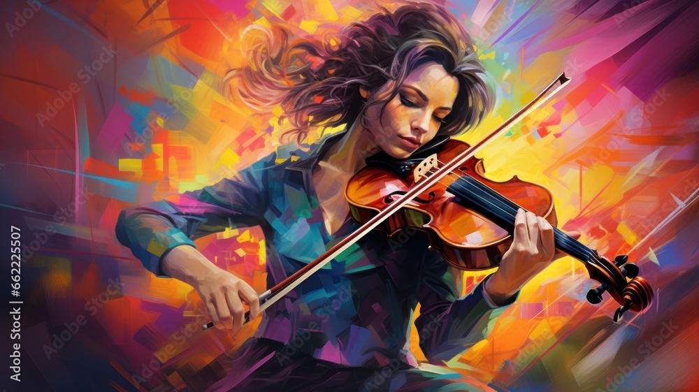 A female violin player, colorful painting, illustration