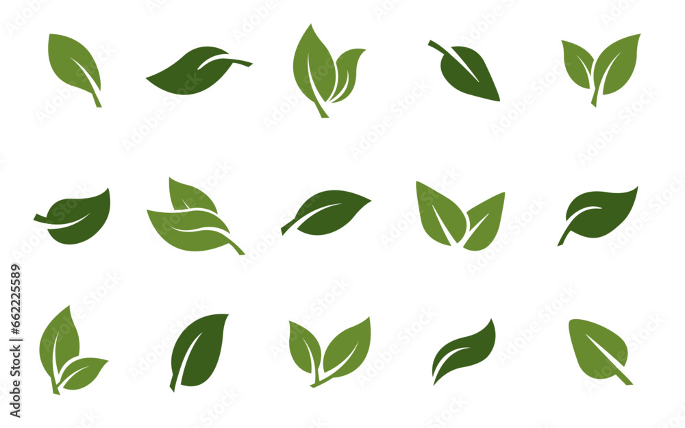 set of leaves green leaf nature art illustration vector sticker icon symbol graphic design environment plant  - obrazy, fototapety, plakaty 