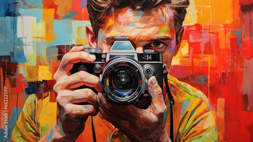 Portrait of a photographer with a camera in his hand, colorful painting, illustration photo
