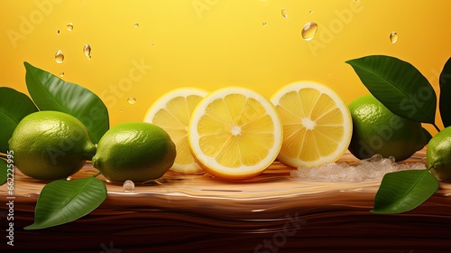 Llime. Fresh lemons and limes with green leaves on wooden board over sea background.  photo