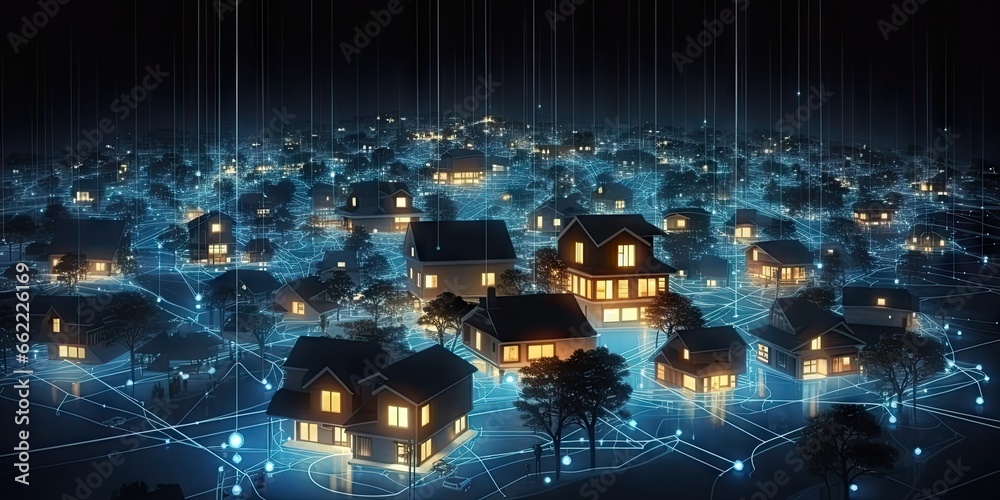 Digital technology internet network and modern housing design. Blue abstract architecture in connected city. Urban house icons. Residential fusion. Architectural concepts. Meets home - obrazy, fototapety, plakaty 