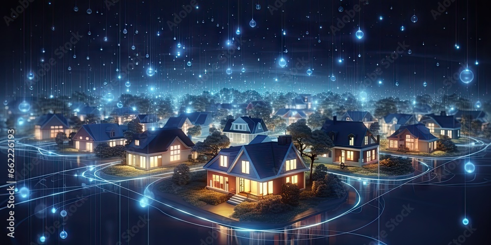 Digital technology internet network and modern housing design. Blue abstract architecture in connected city. Urban house icons. Residential fusion. Architectural concepts. Meets home