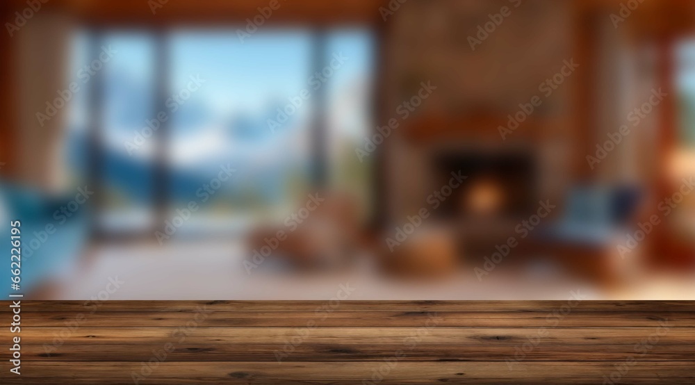 wooden table with blurred house interior in the background, decor, positioning objects, mock up, advertisement, displaying or montage products, High quality photo