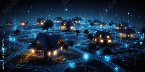 Digital technology internet network and modern housing design. Blue abstract architecture in connected city. Urban house icons. Residential fusion. Architectural concepts. Meets home photo