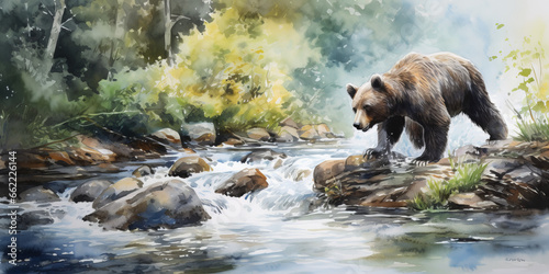 watercolor brown bear in the river hunting for fish