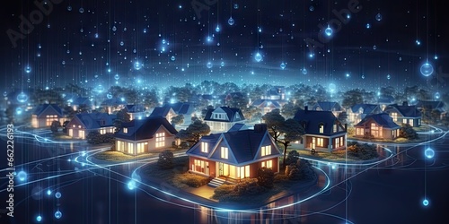 Digital technology internet network and modern housing design. Blue abstract architecture in connected city. Urban house icons. Residential fusion. Architectural concepts. Meets home