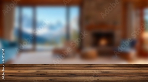 wooden table with blurred house interior in the background, decor, positioning objects, mock up, advertisement, displaying or montage products, High quality photo © Andrea