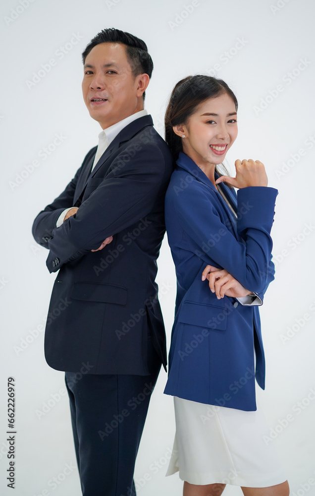 Happy business men and women wearing suits ready to work, white background Happy business men and women wearing suits ready to work, white background