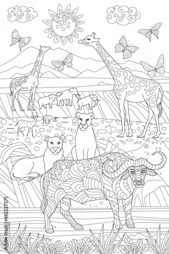 Coloring book page for adults and children. African savannah lan