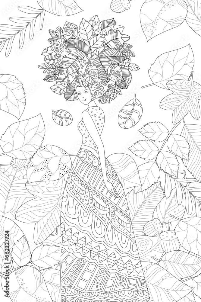 Obraz premium Coloring book page for adults and children. Fashion girl with le
