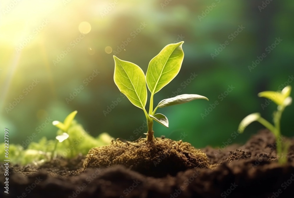 Fototapeta premium young plant growing in garden with sunlight. generative ai
