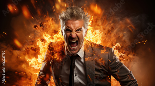 person in fire. businessman with angry mood. 