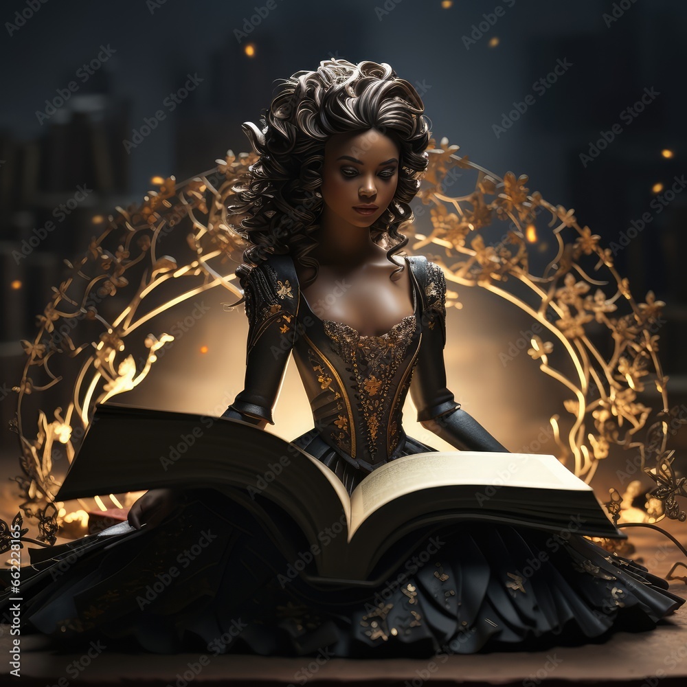 Beautiful black young woman princess reading a book in a fairy tale style. - obrazy, fototapety, plakaty 