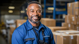 Happy African American worker in a cardboard box warehouse. Factory concept, shipping packages, logistics center, shipping distribution and warehouse worker. Generative ai