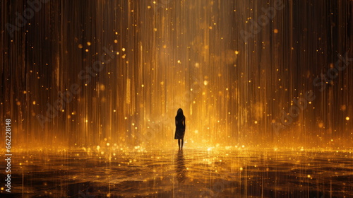 The silhouette of a girl in the golden rain. Golden rain, beautiful golden dew