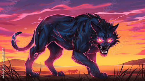 Cartoon illustration of a panther at sunset or sunrise