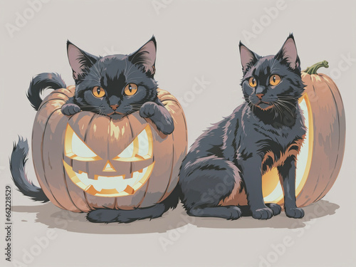 sticker, design t-shirt graphic, vector, cute black cat sitting in jack o’lantern, white background, playful style Generative AI