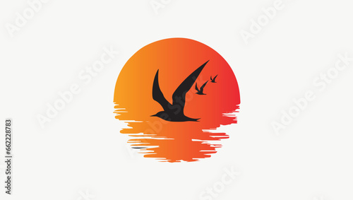 Beautiful Lake Side sunset water reflection seagulls birds flying vector illustration.