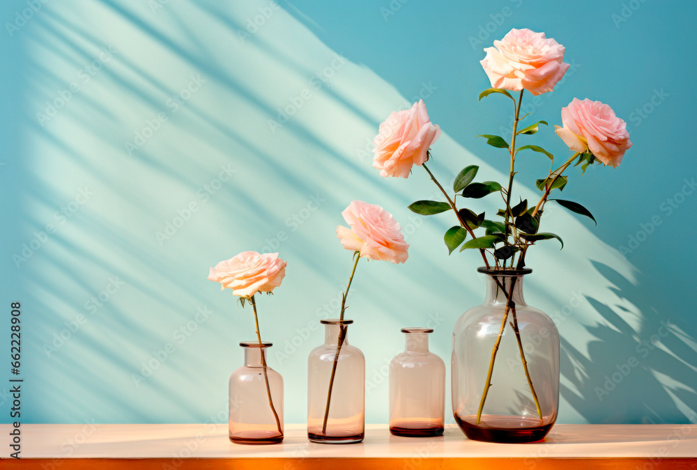 Beautiful spring pink flowers in a vase on table near a blue wall, floral background, postcard. Beautiful spring pink flowers in a vase on table near a blue wall, floral background, postcard.