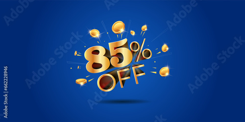 85% off 3D text design with money wealth and coins. Money Saving offer concept.