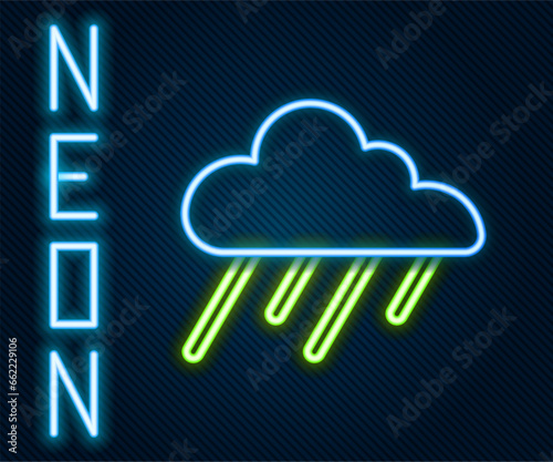 Glowing neon line Cloud with rain icon isolated on black background. Rain cloud precipitation with rain drops. Colorful outline concept. Vector
