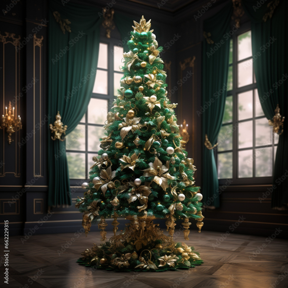 green beautiful christmas tree with gold decorations. relating detailed image indoor