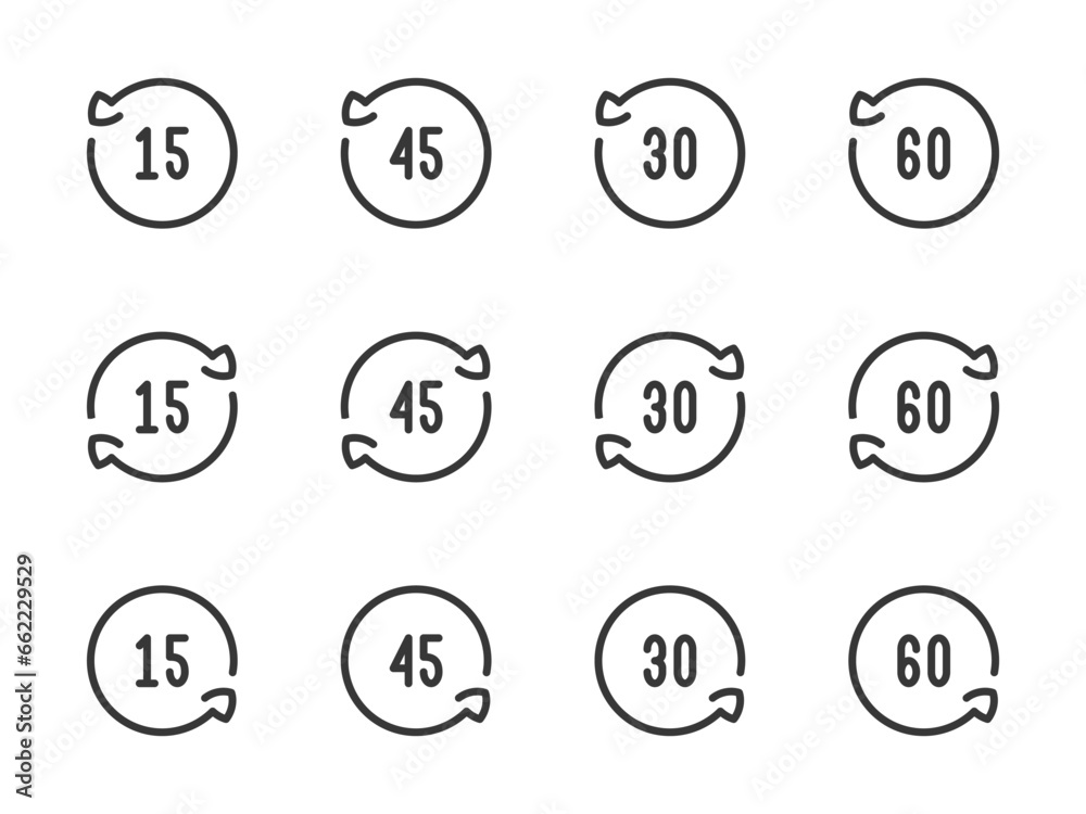 Rotate 15, 30, 45 and 60 degrees vector line icons. Angle of Rotation and Rotating arrow with angle value outline icon set. Rotate 15, 30, 45 and 60 degrees vector line icons. Angle of Rotation and Rotating arrow with angle value outline icon set.