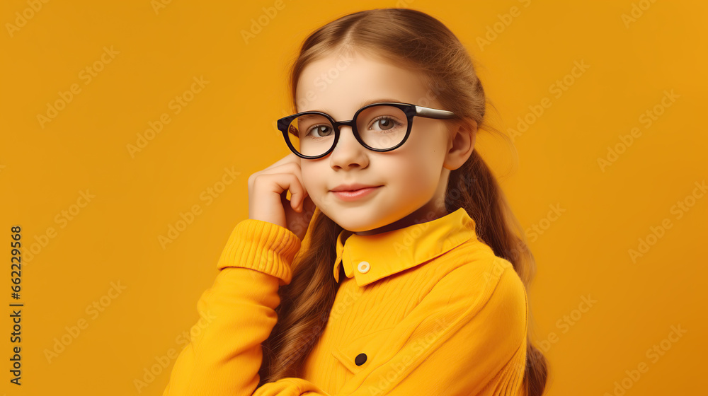 portrait of a schoolgirl isolated on yellow background 