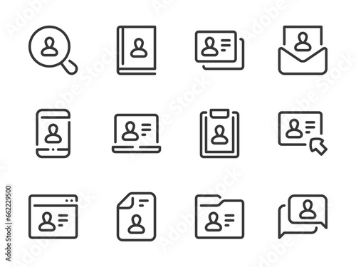 User and Profile vector line icons. Account settings and Personal services outline icon set. Identity, Website Page, Folder, Personal Information, Identification, Biography and more.