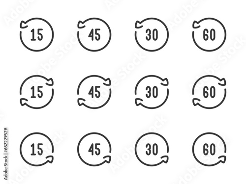 Rotate 15, 30, 45 and 60 degrees vector line icons. Angle of Rotation and Rotating arrow with angle value outline icon set.