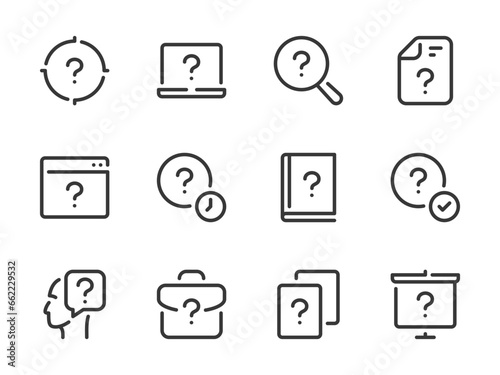 Question mark and Problem solution vector line icons. Faq and Help outline icon set. Quiz, Problem Solving, Guide, Solution, Inquiry, Assistance, Online Support and more.