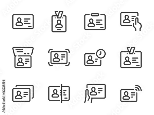 Identification Card and Identity Document vector line icons. Passport, Driver License and ID card outline icon set. Badge, Passport, Credential, Scan, Identity and more.