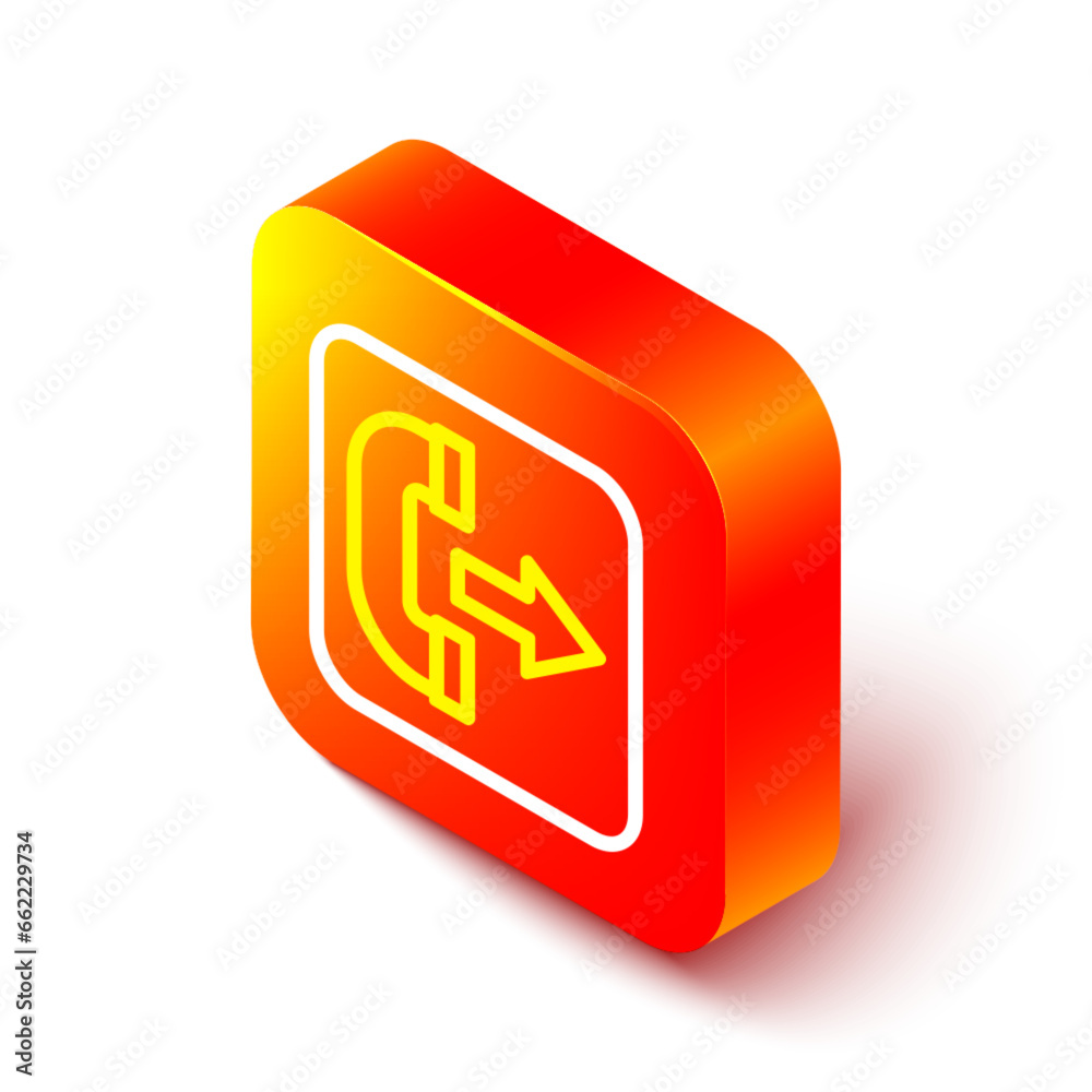 Isometric line Outgoing call phone icon isolated on white background. Phone sign. Telephone handset. Orange square button. Vector