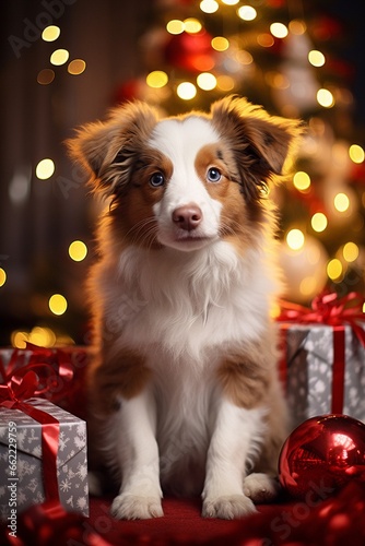 Australian shepherd puppy dog between christmas presents © absolutimages