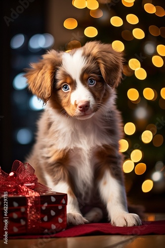Australian shepherd puppy dog between christmas presents © absolutimages