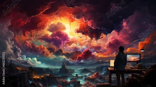 A dynamic digital painting of a cloud environment filled with a variety of IT tools