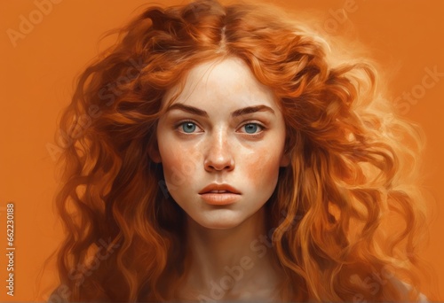 red - haired girl with curly hair. high quality photo red - haired girl with curly hair. high quality photo portrait of red - orange - eyed young woman in orange wig with a curly hair. digital paintin