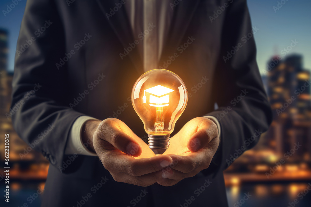 Education and E-learning concept, Hand of businessman holding lightbulb showing graduation hat, Generative AI. Education and E-learning concept, Hand of businessman holding lightbulb showing graduation hat, Generative AI.