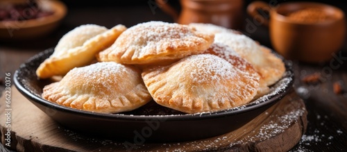 Mini puff pastry or hand pies filled with apple and powdered sugar displayed on a wooden plate Homemade breakfast snack with a rustic charm Ample room for copying With copyspace for text