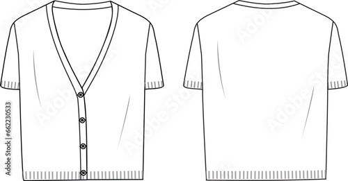 Women's Short Sleeve Cardigan. Technical fashion illustration. Front and back, white color. Women's CAD mock-up.
