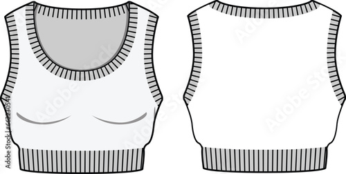 Women's Knit Vest Top- Technical fashion illustration. Front and back, white color. Unisex CAD mock-up.