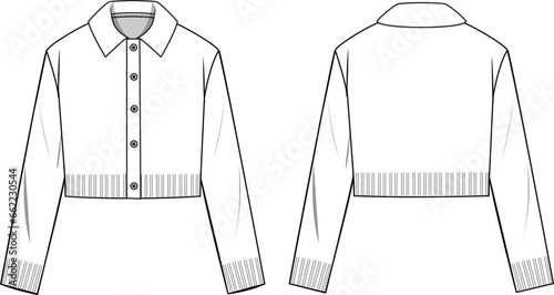 Women's Polo Neck, Crop, Button-up Jacket- Technical fashion illustration. Front and back, white color. Women's CAD mock-up.